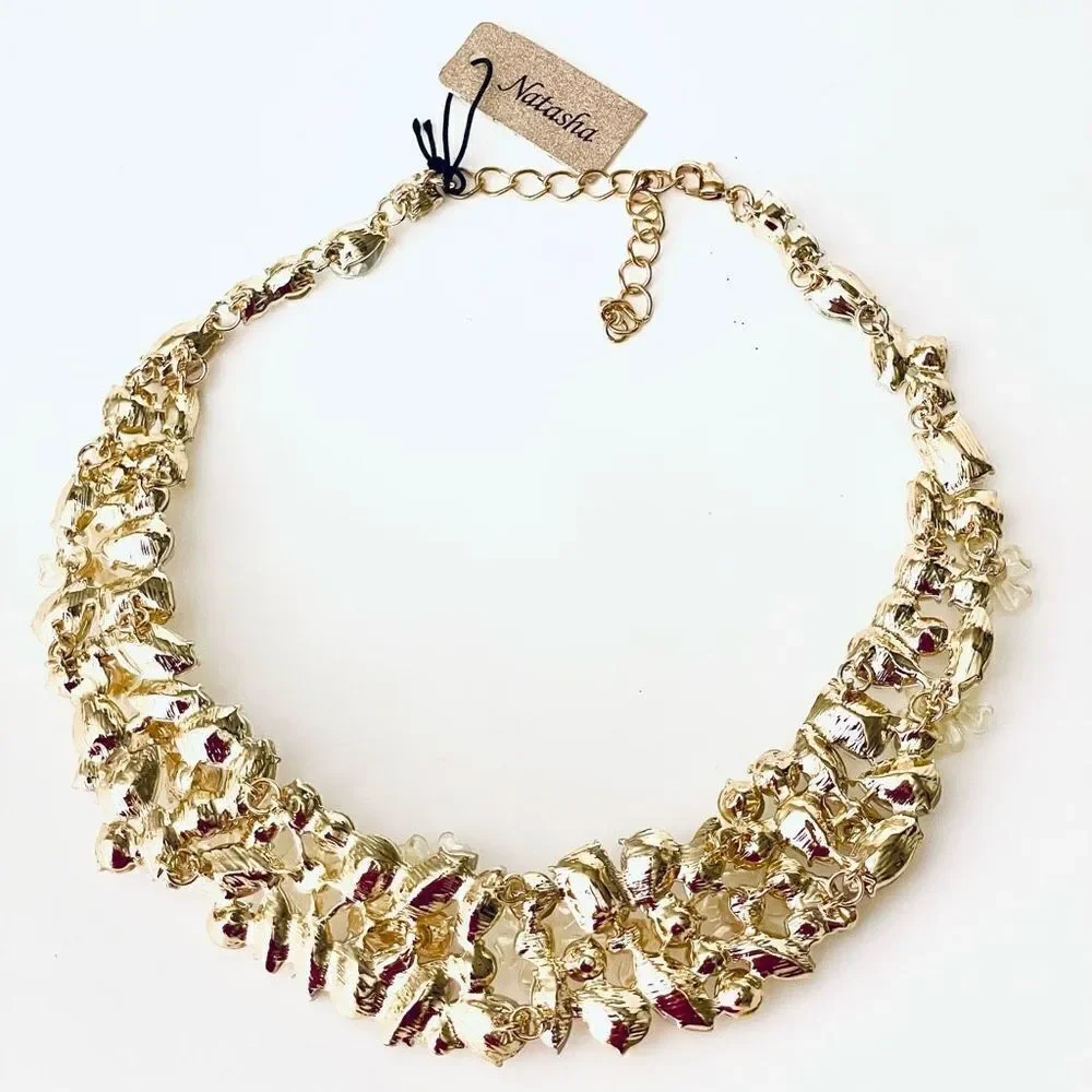 NWT So Gorgeous Natasha Flowers Gold white Crystal Stones Statement Necklace